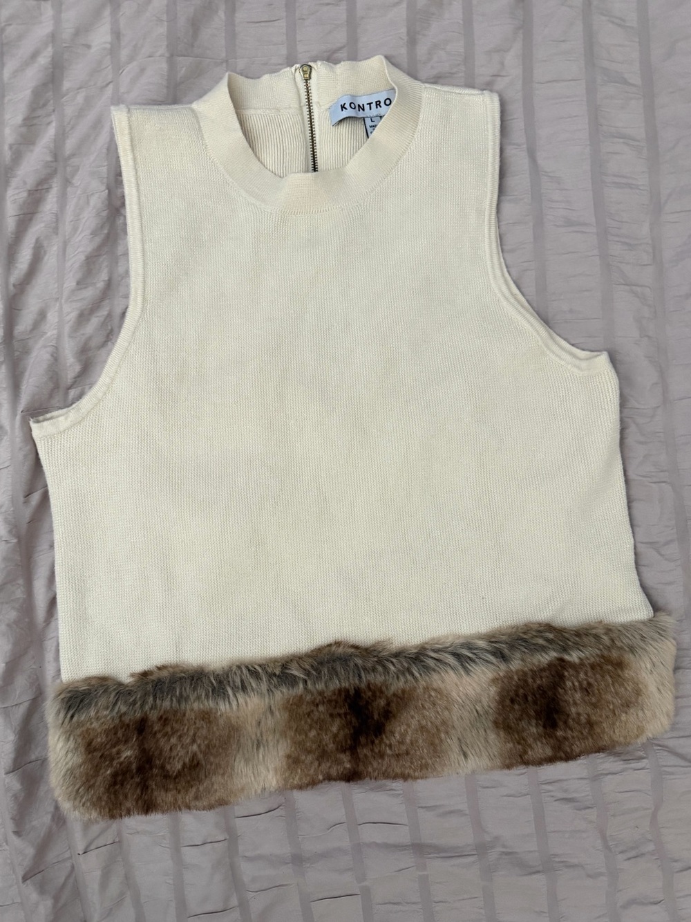 KONTRO Cream Sleeveless Knit Top with Faux Fur Trim